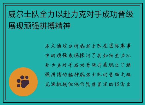 威尔士队全力以赴力克对手成功晋级展现顽强拼搏精神