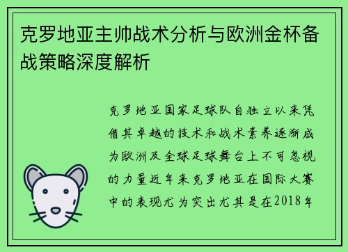 克罗地亚主帅战术分析与欧洲金杯备战策略深度解析