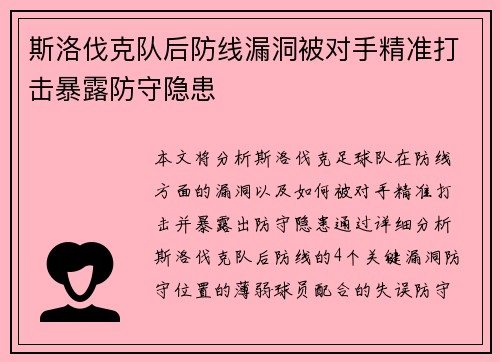 斯洛伐克队后防线漏洞被对手精准打击暴露防守隐患