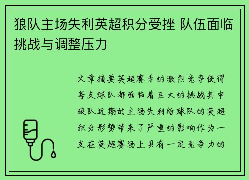 狼队主场失利英超积分受挫 队伍面临挑战与调整压力