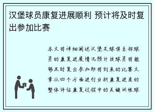 汉堡球员康复进展顺利 预计将及时复出参加比赛