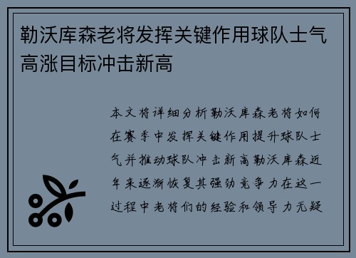 勒沃库森老将发挥关键作用球队士气高涨目标冲击新高