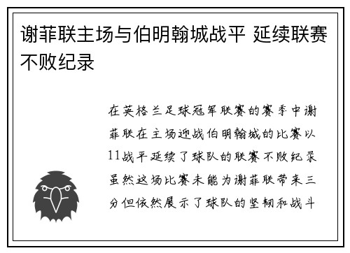 谢菲联主场与伯明翰城战平 延续联赛不败纪录